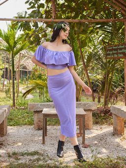 PURVAJA - Women Lavender Texture Off Shoulder Crop Top and Midi Pencil Skirt (Set of 2)