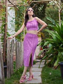 PURVAJA - Women Purple Texture Crop Top and Midi Slit Skirt (Set of 2)