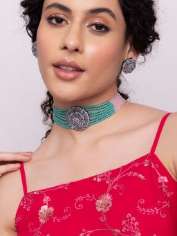 Indya - Pink Green Beaded CZ Earring Choker Set (Set of 2)