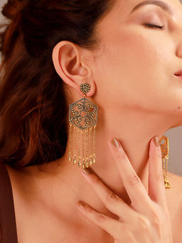 Voylla - Fringes Dramatic Statement Gold Dangler Earrings