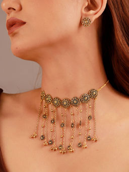 Voylla - Fringes Bloom In Gold Statement Jewellery Set