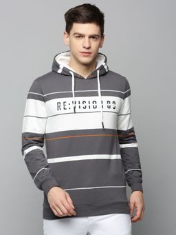 SHOWOFFFF - Mens Hooded Striped Grey Pullover Sweatshirt