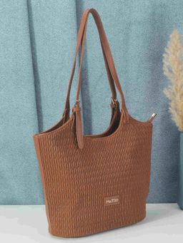 Metro - Stylish Faux Leather Shoulder Bag with Applique Branding and Zipped Closure, Tan