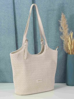 Metro - Stylish Faux Leather Shoulder Bag with Applique Branding and Zipped Closure, Off White