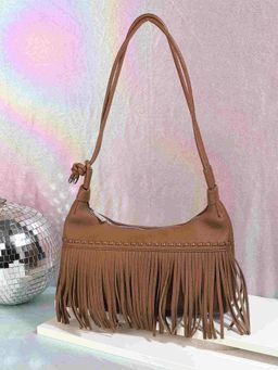 Mochi - Stylish Faux Leather Shoulder Bag with Applique Branding and Zipped Closure, Brown