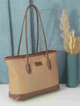 Metro - Stylish Faux Leather Shoulder Bag with Applique Branding and Zipped Closure, Beige