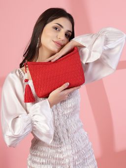 Anekaant - Amour Valentine Red and Tan Polyester and Vegan Leather Chevron Quilted Sling Bag