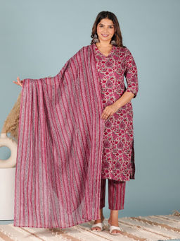 ARAMYA - Pink Linen Cotton Straight Floral Print Kurta & Pant with Dupatta (Set of 3)