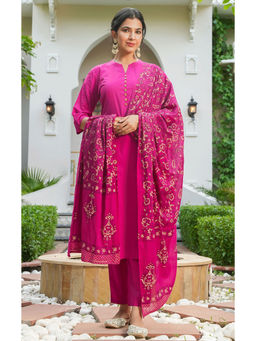 ARAMYA - Pink Soft Cotton Straight Solid Kurta & Pant with Dupatta (Set of 3)