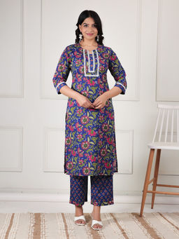 ARAMYA - Blue Soft Cotton Straight Floral Print Kurta & Pant (Set of 2)