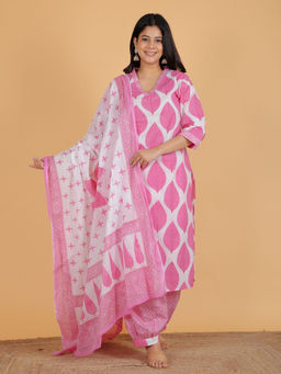 ARAMYA - Pink Soft Cotton Straight Floral Print Kurta & Salwar with Dupatta (Set of 3)