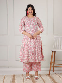 ARAMYA - Pink Soft Cotton A-Line Floral Print Kurta & Pant (Set of 2)