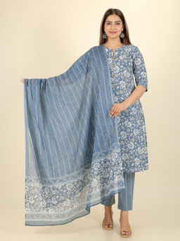 ARAMYA - Blue Soft Cotton A-Line Floral Print Kurta & Pant with Dupatta (Set of 3)