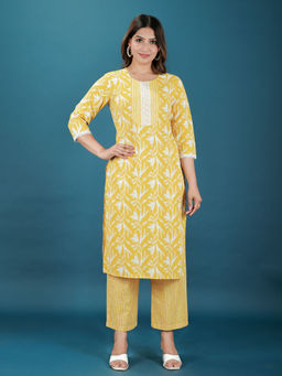 ARAMYA - Yellow Soft Cotton Straight Foliage Print Kurta & Pant (Set of 2)