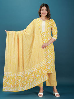 ARAMYA - Yellow Soft Cotton Straight Foliage Print Kurta & Pant with Dupatta (Set of 3)