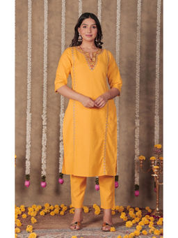 ARAMYA - Yellow Linen Cotton Straight Solid Kurta & Pant (Set of 2)
