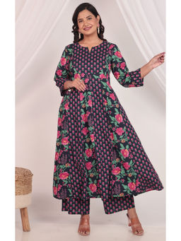 ARAMYA - Purple Soft Cotton Anarkali Floral Print Kurta & Palazzo (Set of 2)