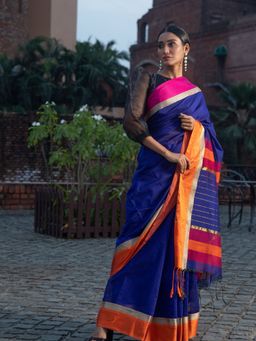 Beatitude - Blue Blended Cotton Saree With Unstitched Blouse