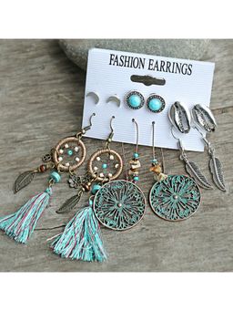 Yellow Chimes - Assortment of 6 pairs Oxidised Silver -toned Long Dangler Stud Earrings