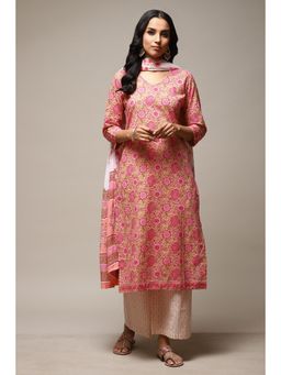 Biba - Pink Cotton Unstitched Suit (Set of 3)