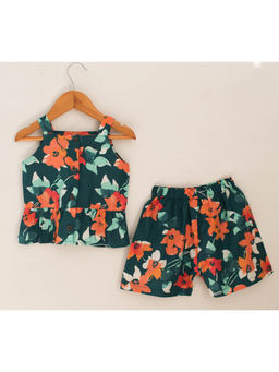 Woonie - Floral Strap Top with Shorts - Green (Set of 2)