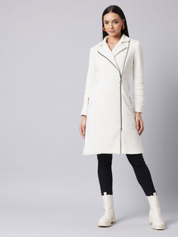 DOLCE CRUDO - Women Off-white Notch Collar Multi Panelled Solid Knee Length Jacket