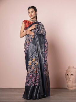 EXCLUSIVA - Navy Blue Soft Printed Silk Linen with Unstitched Blouse