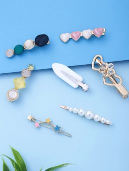Yellow Chimes - Women Blue and Pink Set of 7 Embellished Claw Clip