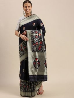 Sangam Prints - Navy Blue Banarasi Silk Woven Zari Work Traditional Saree with Unstitched Blouse