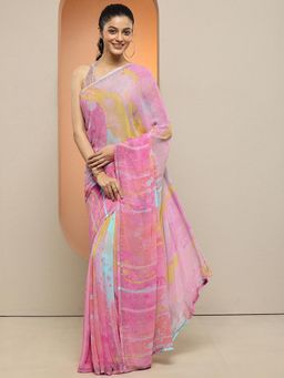 Libas - Women Pink Printed Stone Work Pure Georgette Saree with Unstitched Blouse