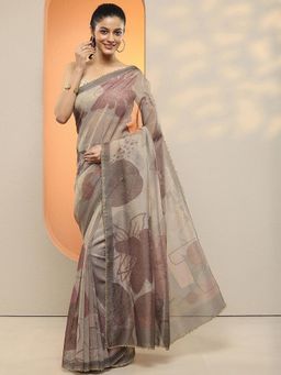 Libas - Women Grey Printed Lace Work Silk Blend Saree with Unstitched Blouse