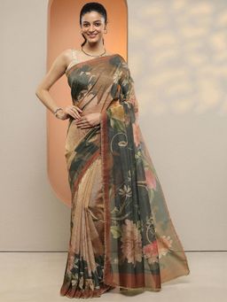 Libas - Women Green and Beige Floral Printed Silk Blend Saree with Unstitched Blouse