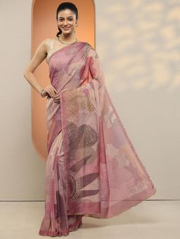 Libas - Women Mauve Printed Lace Work Silk Blend Saree with Unstitched Blouse