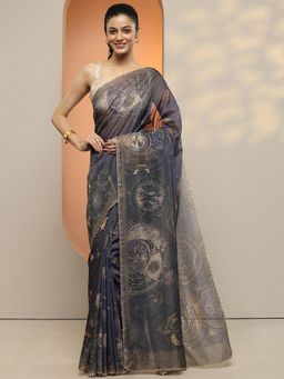 Libas - Women Grey Printed Lace Work Silk Blend Saree with Unstitched Blouse