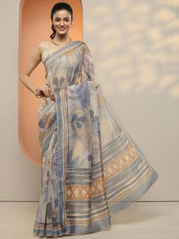 Libas - Women Grey and Beige Printed Lace Work Silk Blend Saree with Unstitched Blouse