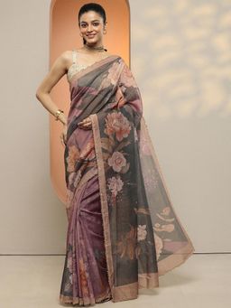 Libas - Women Green and Pink Floral Printed Silk Blend Saree with Unstitched Blouse