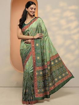Libas - Women Green Printed Bandhani Silk Blend Saree with Unstitched Blouse