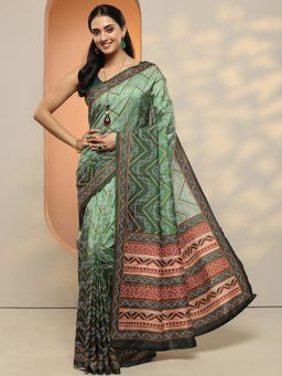 Libas - Women Green Printed Bandhani Silk Blend Saree with Unstitched Blouse