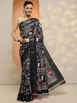 Libas - Women Black Floral Printed Silk Blend Saree with Unstitched Blouse