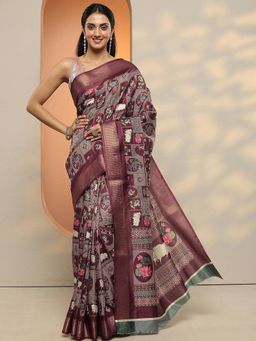 Libas - Women Brown Floral Printed Silk Blend Saree with Unstitched Blouse