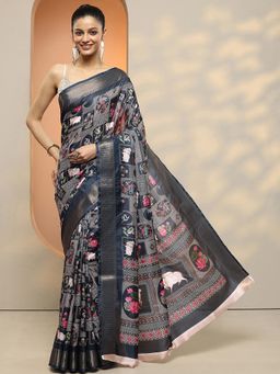 Libas - Women Navy Blue Floral Printed Silk Blend Saree with Unstitched Blouse