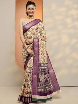 Libas - Women Wine Floral Printed Silk Blend Saree with Unstitched Blouse