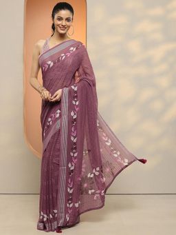 Libas - Women Mauve Floral Printed Pure Georgette Saree with Unstitched Blouse