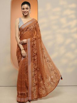 Libas - Women Brown Floral Printed Pure Georgette Saree with Unstitched Blouse
