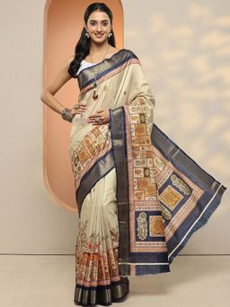Libas - Women Navy Blue and Beige Kalamkari Printed Saree with Unstitched Blouse