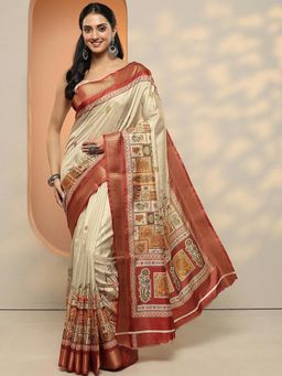 Libas - Women Rust and Beige Kalamkari Printed Saree with Unstitched Blouse