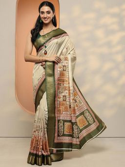 Libas - Women Olive and Beige Kalamkari Printed Saree with Unstitched Blouse