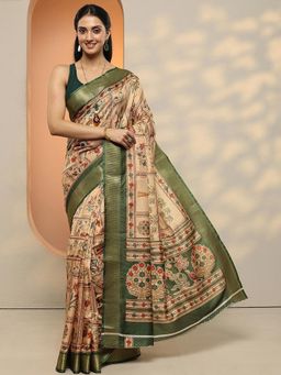 Libas - Women Green and Beige Floral Printed Silk Blend Saree with Unstitched Blouse