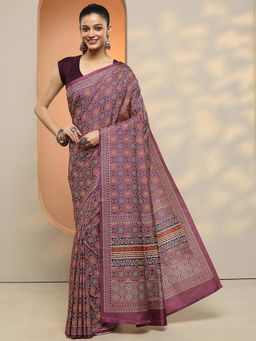 Libas - Women Wine Mandala Printed Silk Blend Saree with Unstitched Blouse