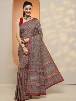 Libas - Women Red and Navy Blue Floral Printed Silk Blend Saree with Unstitched Blouse